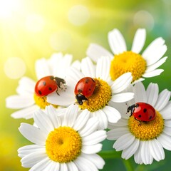 Obraz premium Close-up of ladybugs on daisies bathed in sunlight