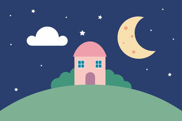 Vector illustration of a magical winter night landscape featuring a snowy castle and village houses under a starry Christmas sky with a glowing moon and falling snowflakes for a holiday card