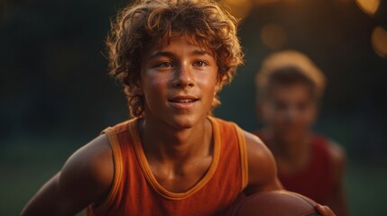 A young boy holding basketball and looking to his teammates