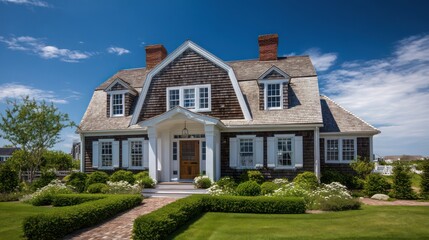 Traditional Cape Cod American home with steep gabled roof dormer windows shingle siding centered entrance and white trim