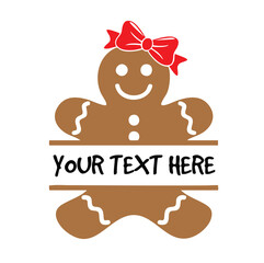 Gingerbread nameplate, Gingerbread girl, Split gingerbread monogram, Baby girl's first Christmas, Gingerbread man, Family T-shirt. Isolated Christmas illustration on a white background