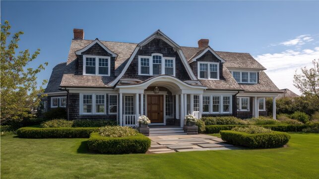 Traditional Cape Cod American home with steep gabled roof dormer windows shingle siding centered entrance and white trim
