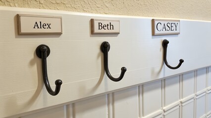 White wooden coat rack with Alex Beth Casey personalized name labels