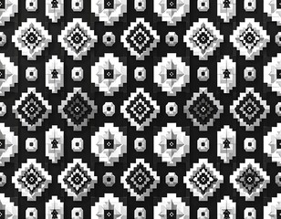 Black and white abstract geometric pattern with a repeating diamond and circular design