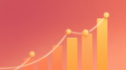 Colorful Gradient Bar Graph with Rising Trendline and Circular Data Points against a Soft Pink Background Ideal for Business and Financial Concepts