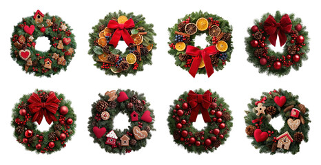 PNG Festive wreaths with vibrant decorations, element set on transparent background