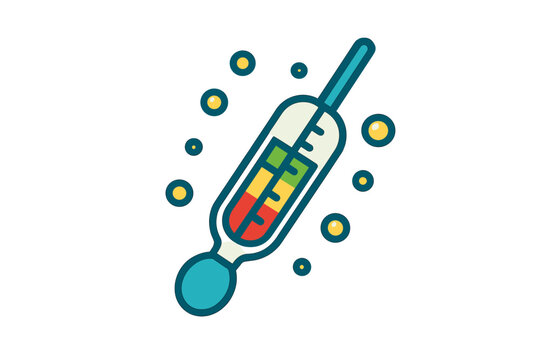 Hydrometer Dance Icon. Flat style icon of a tilted hydrometer with bubbles rising around it, bright colors, representing proofing