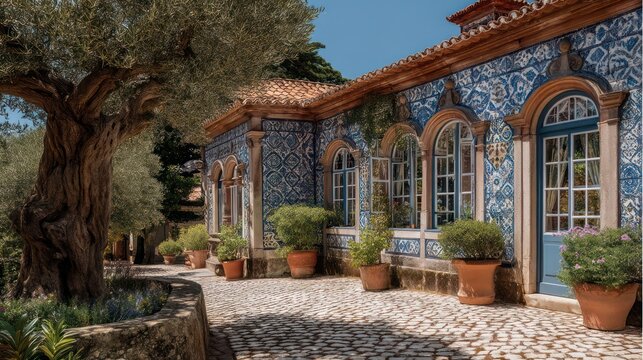 Traditional Portuguese villa with patterned azulejo tiles arched windows and terracotta roofline Olive trees and cobbled terraces complete