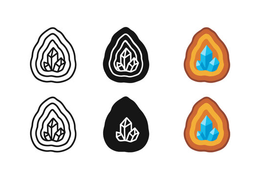 Geode Vector Styles. Geode split lengthwise showing layered crystalline structure, clean minimalist vector icon, first in line