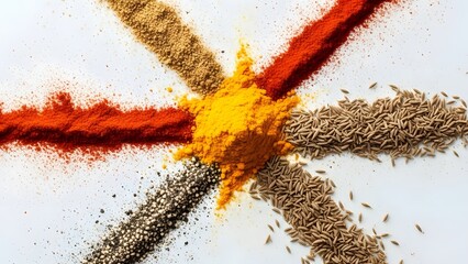 Colorful arrangement of various spices and herbs in a starburst pattern on a white background