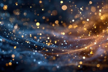Golden bokeh glow over blue abstract background with sparkling light and waves