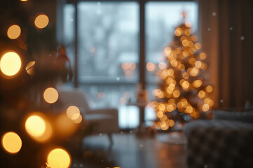 A warm, blurred living room with a glowing Christmas tree and a crackling fireplace. Perfect for peaceful winter backgrounds.
