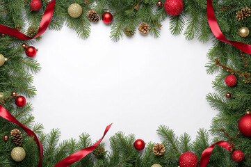 Lush evergreen branches, red silk ribbons, and festive ornaments frame a white background. Perfect for elegant Christmas greetings. copy space