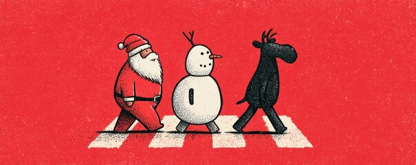 Cartoon of Santa, the Snowman, and a Reindeer crossing a crosswalk in a festive winter scene