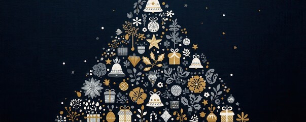 Fototapeta premium Christmas tree made of icons on navy blue background with gold and silver decorations