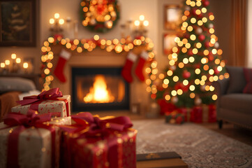 Beautifully wrapped Christmas gifts with satin red bows sit in the foreground of a cozy, glowing living room featuring a warm fireplace and a bokeh lit tree.