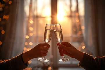 Golden Sunset Toast.
Hands toast with sparkling champagne flutes against a sunset window and warm bokeh lights, celebrating a festive holiday moment.
