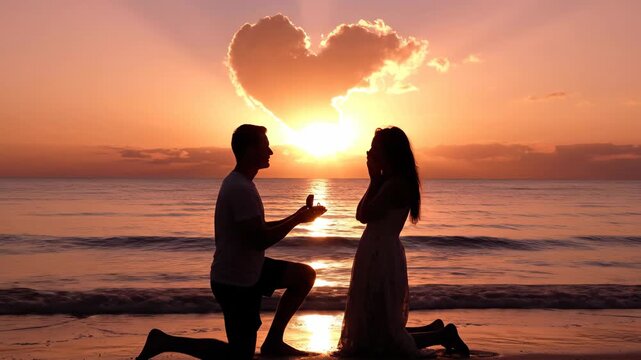 A man proposes on bended knee to a woman on a beach at sunset a heartshaped cloud overhead