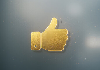 Gold thumbs up symbol on blurred background representing approval and positive