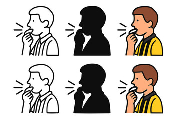 Referee Whistle Styles. Referee blowing whistle with motion lines first in line style with thin outline, second in solid style