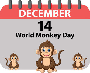 World Monkey Day Poster Vector, 14 December Celebration Design, Cute Cartoon Monkeys Illustration, EPS Greeting Artwork