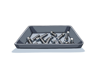 Fototapeta premium A Gray Rectangular Tray Containing an Assortment of Metal Screw Bolts of Various Sizes Arranged Loosely Against a Plain White Background