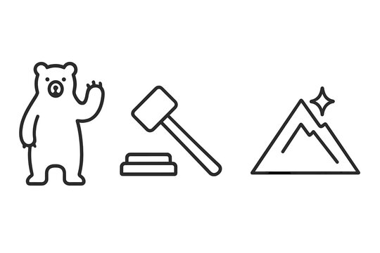 Ursine Mallet Summit Icons. Line style vector icons of ursine mallet summit: upright ursine figure, lifted paw arc, firm mallet