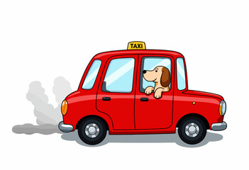 Illustration of a cheerful dog enjoying a ride in a classic red taxi car, with smoke billowing from the exhaust, showcasing a whimsical and lighthearted scene