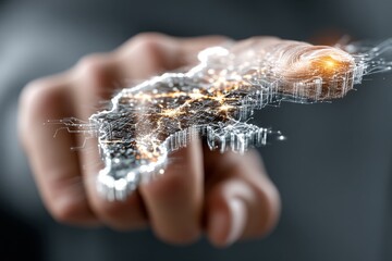 Businessman touches futuristic holographic screen, showing a digital city map and data visualization