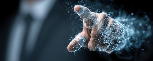 Businessman in a suit interacts with a futuristic holographic screen and digital network