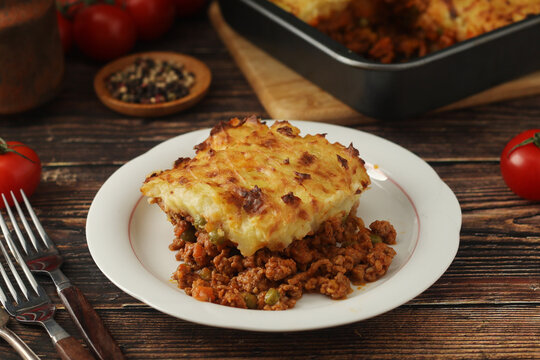 A shepherd's pie, freshly backed and ready to be served. Traditional English dish	