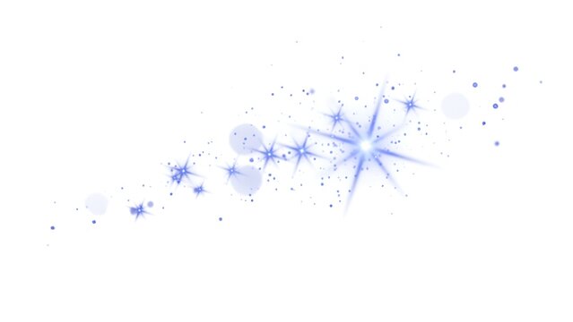 A dynamic cluster of sparkling blue light stars and particles forming a trail against a pure white background - Powered by Adobe
