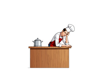 Illustration of a Pensive Chef Leaning on a Wooden Counter with a Cooking Pot and Wearing a Red Apron and Classic White Chef's Hat