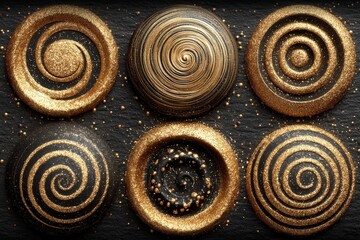 Golden glitter spirals and sparkly disks on a dark slate background for festive decoration
