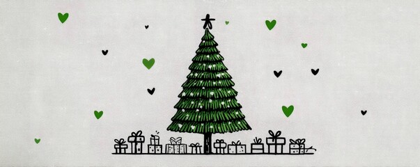 Simple line drawing of a Christmas tree with gifts and green hearts for festive celebration