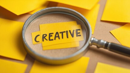A magnifying glass focuses on yellow sticky notes spelling CREATIVE in black letters,
