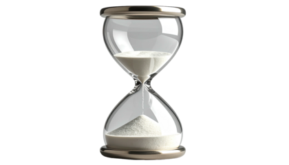 A classic hourglass, transparent, with fine white sand, on black background, conveying time's passage