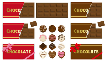 バレンタインに使えるチョコレートのイラストレーションセット。ギフト包装された板チョコ。白背景にベクターイラスト。
