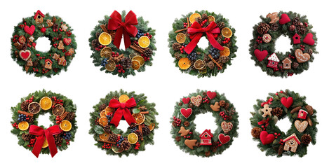 PNG Festive wreaths with vibrant decorations, element set on transparent background