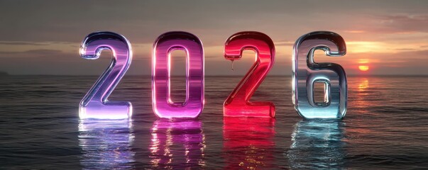 2026 glass numbers float on calm water at sunset, creating a futuristic year celebration scene
