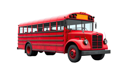 A classic red school bus stands isolated, ready for students with a weathered appearance