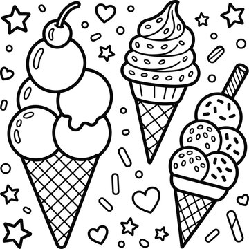 Ice cream cones with sprinkles and cherries in black and white