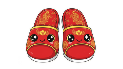 Pair of cute red slippers with smiling faces and traditional Chinese patterns.