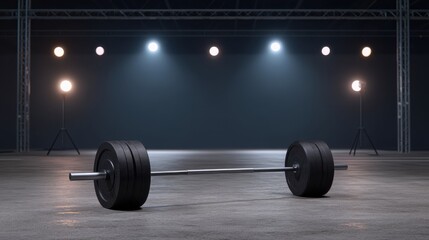 Deserted Arena with Flickering Lights and Barbell Ready for Competition Training