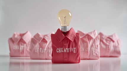 Five shirts on a white surface, central shirt features an illuminated light bulb at the neckline with CREATIVE text,