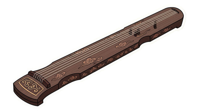 Traditional Chinese Guqin Musical Instrument Isolated on White Background.