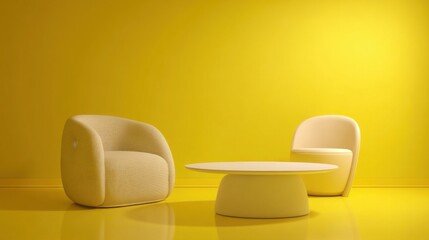 Modern minimalist interior with vibrant yellow backdrop featuring two cream rounded armchairs facing a small white circu