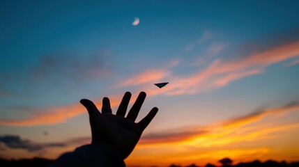 A hand reaches towards a vibrant sunset sky with orange, pink, and yellow hues blending into blue,