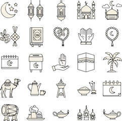 Naklejka premium A collection of 25 line-drawn icons depicting various Ramadan symbols and objects on a white background with a minimalist style.