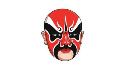 Vibrant Chinese opera mask with intricate red and black face paint.